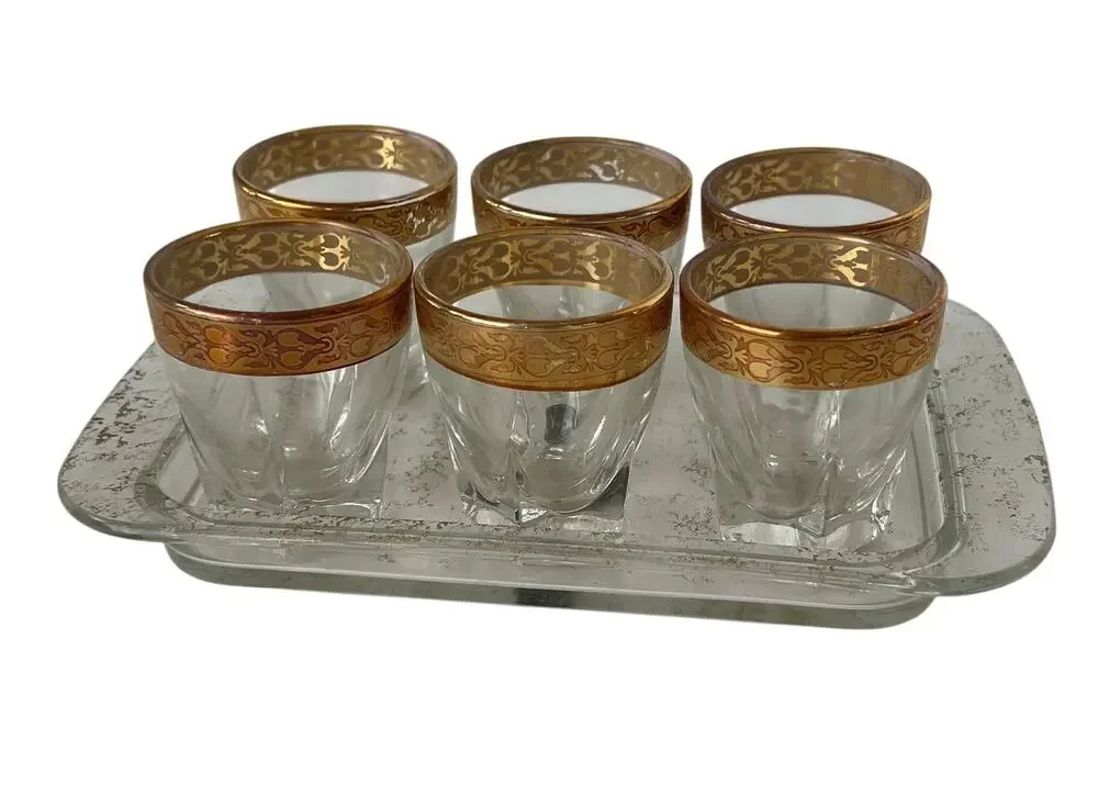 Lorren Home Trends Lorenzo Gold Band Shot Glass Set 6 with Tray Made in Italy